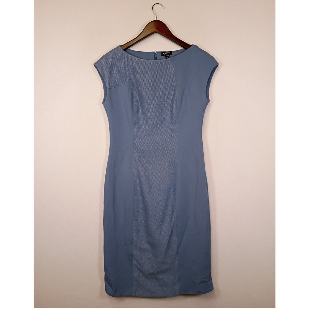 Worth New York Womens 2 Blue Textured Paneled Sheath Cap Sleeve Dress Luxury